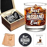 Harmora Best Husband Ever Whiskey Glass Gift Set – Birthday Gifts for Husband from Wife – Includes Wooden Box, Coaster, Recipe Cards, Funny Greeting Card – Anniversary, Christmas, Valentine’s Day