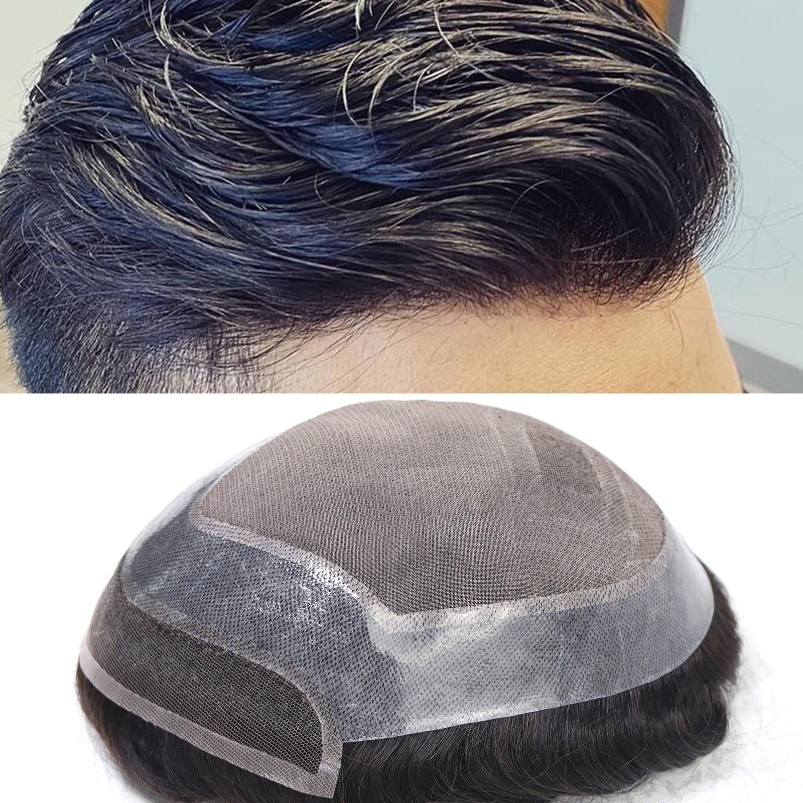 Photo 1 of HAPPY&CC Men's Toupee Swiss Lace Front Human Hair Pieces for Men Fine Mono Top With Pu Around Mens Hair Replacement System Protesis Capilar Hombre #1B Off Black Color 7X9 Inch