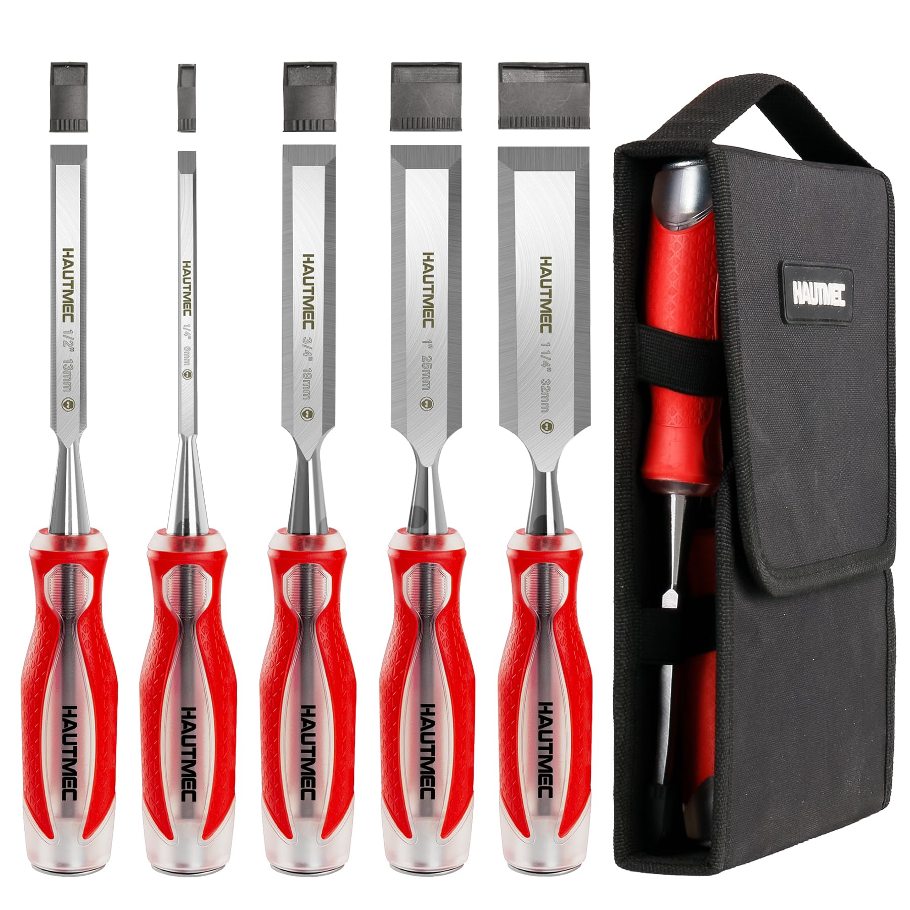 HAUTMEC Wood Chisel Sets, 5 Piece Chisel Set for Woodworking, Full Tang Drop-Forged CR-V Steel Beveled Edge Blades with Carry Storage Bag and Ergonomic Non-Slip Handles