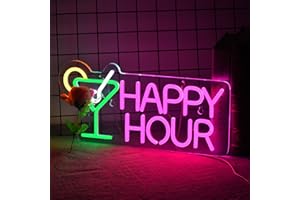 ROOUNEON Cocktails Happy Hour Neon Sign for wall décor with Dimmable Switch LED Neon Signs Bedroom Beer Bar Neon Light Sign Hotel Party Club Office Art Lights.