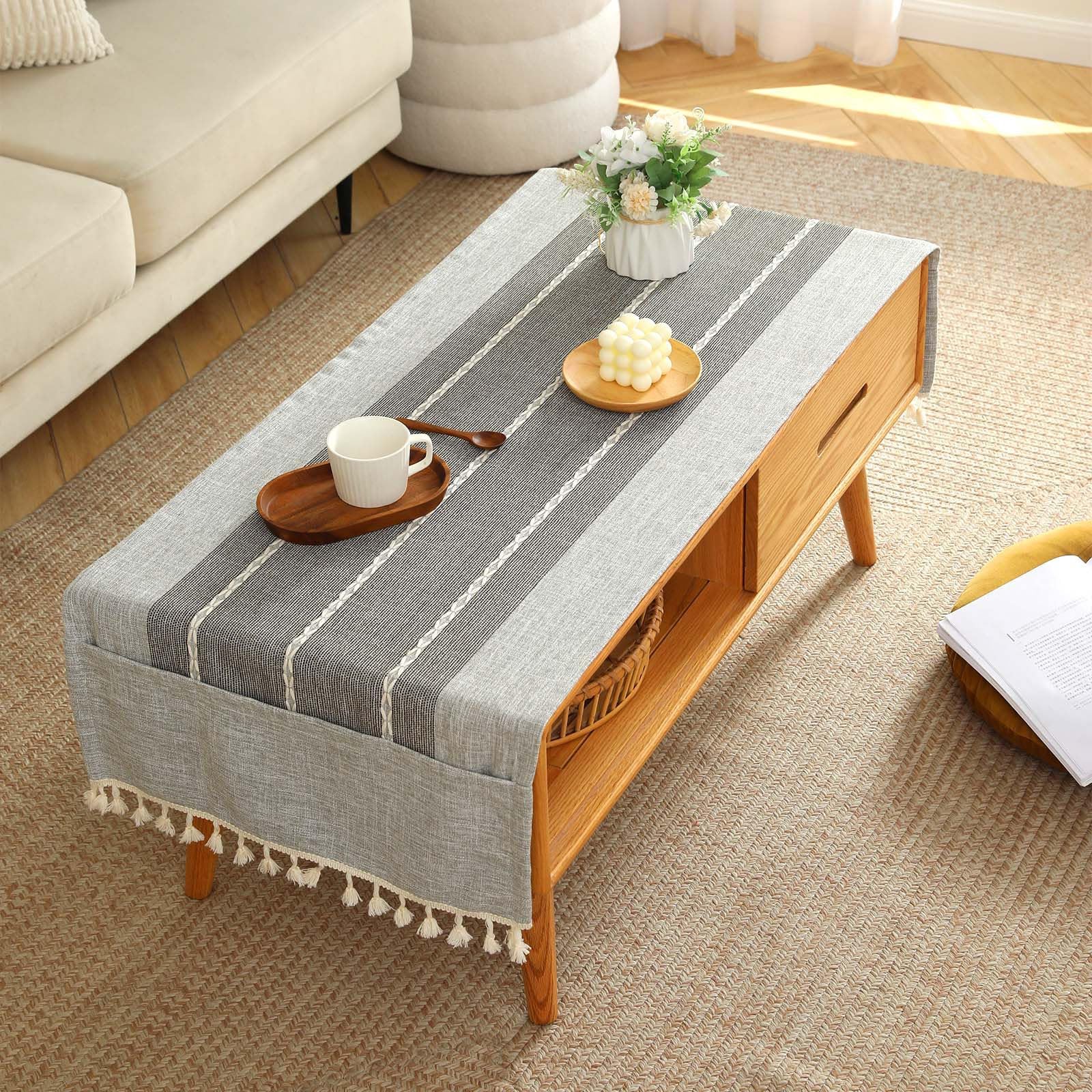 Photo 1 of SIELUNO Coffee Table Cover, Rustic Farmhouse Rectangle Table Cloth Cotton Linen Waterproof with Pockets and Tassel for Living Room Decoration - Grey Stripes - 24x64 Inch
