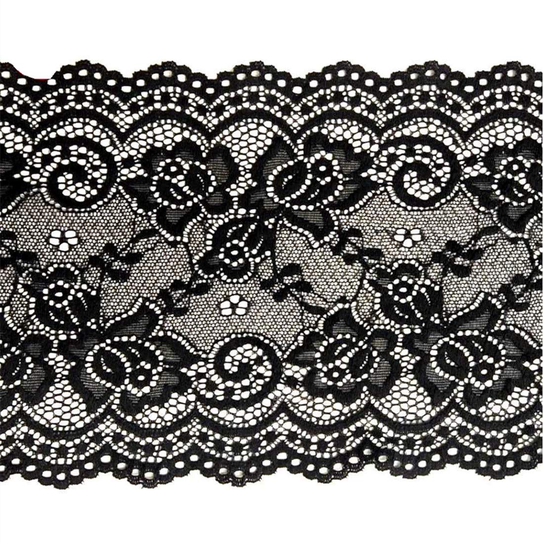 5 Yards 15cm Stretch Lace Trim Ribbon Floral Lace Ribbon Stretchy Embroidered Tulle Lace Trimming Fabric for DIY Craft Sewing Clothes Accessories Party Decoration (Black)