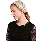 PAMOR Rose Lace Headband Kerchief Tie-style Floral Headwrap Latin Mass Head Covering Church Veil with Bobby Pins (Beige)