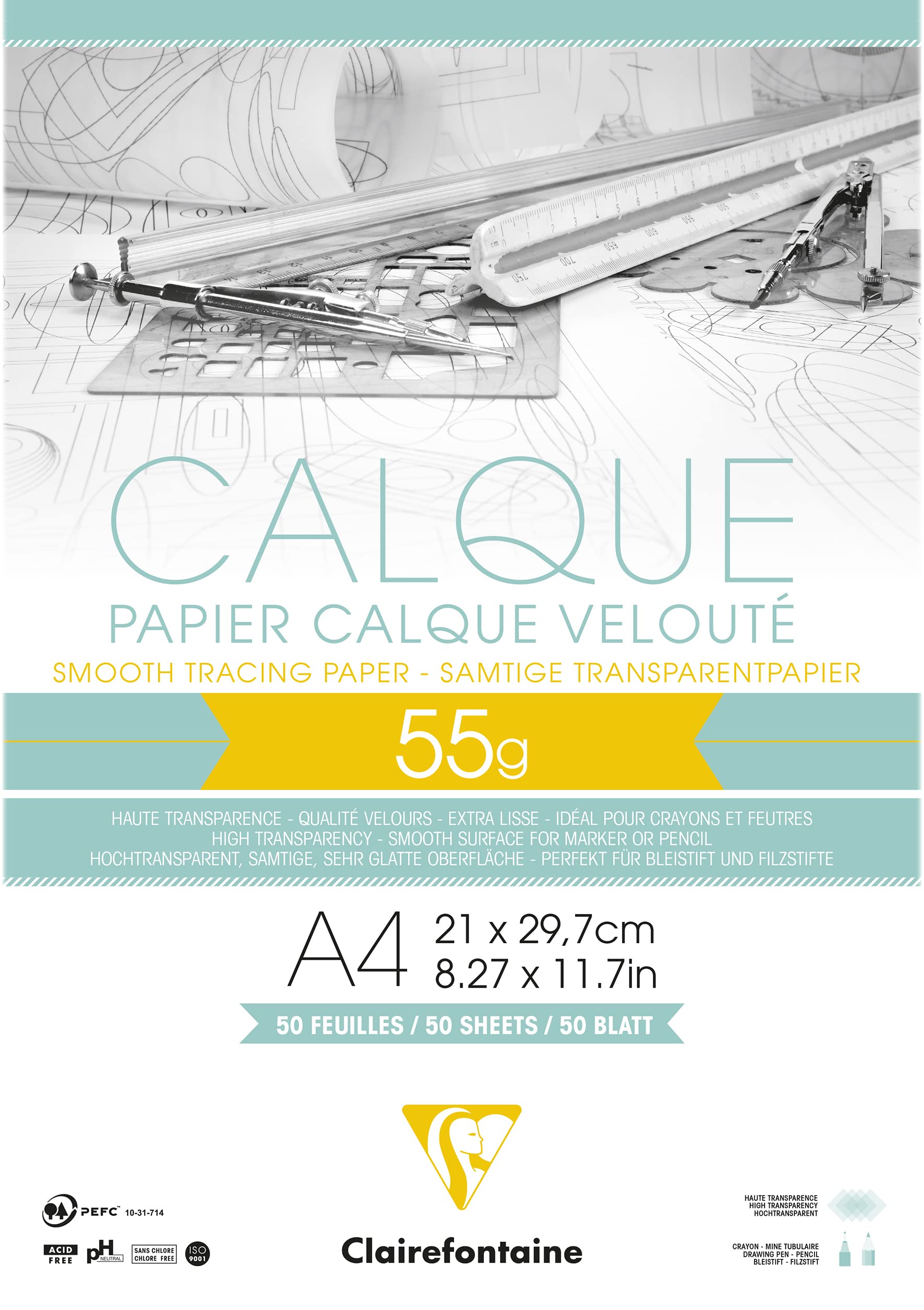 Clairefontaine - Ref 975080C - Tracing Paper Pad (50 Sheets) - A4 Sized, 50/55g, High Transparency, Smooth Surface, Acid Free, Printable - Suitable for Ink, Marker & Pencil