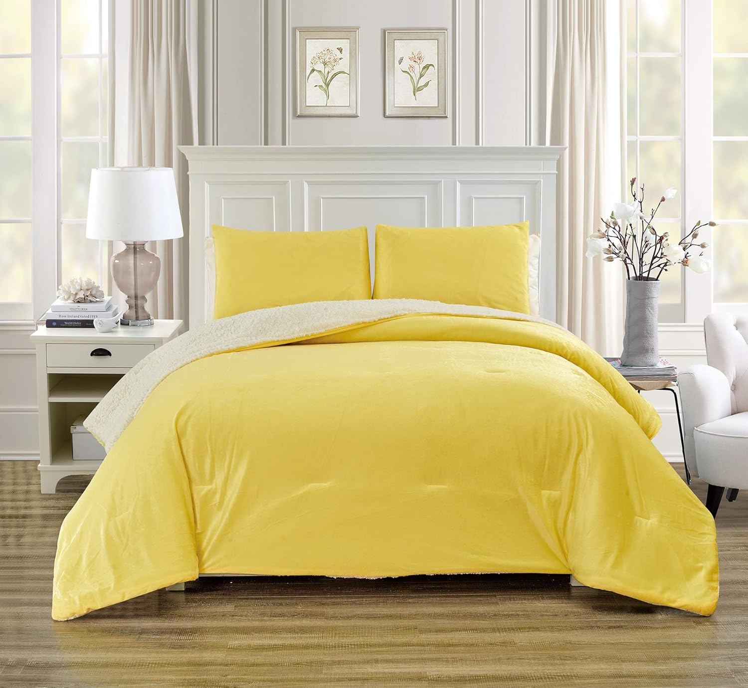 GrandLinen 3 Piece King Size Solid Sunshine Yellow Micromink Velvet Comforter Set with Ultra Soft Sherpa Borrego Backing. Warm Heavy Weight Bedding