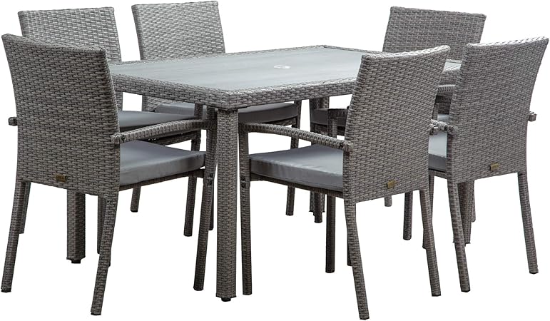 Amazon Com Belleze Cardennas 7 Pieces Patio Furniture Dining Set Outdoor Slat Table With Umbrella Cut Out Cushioned Chair Gray Garden Outdoor