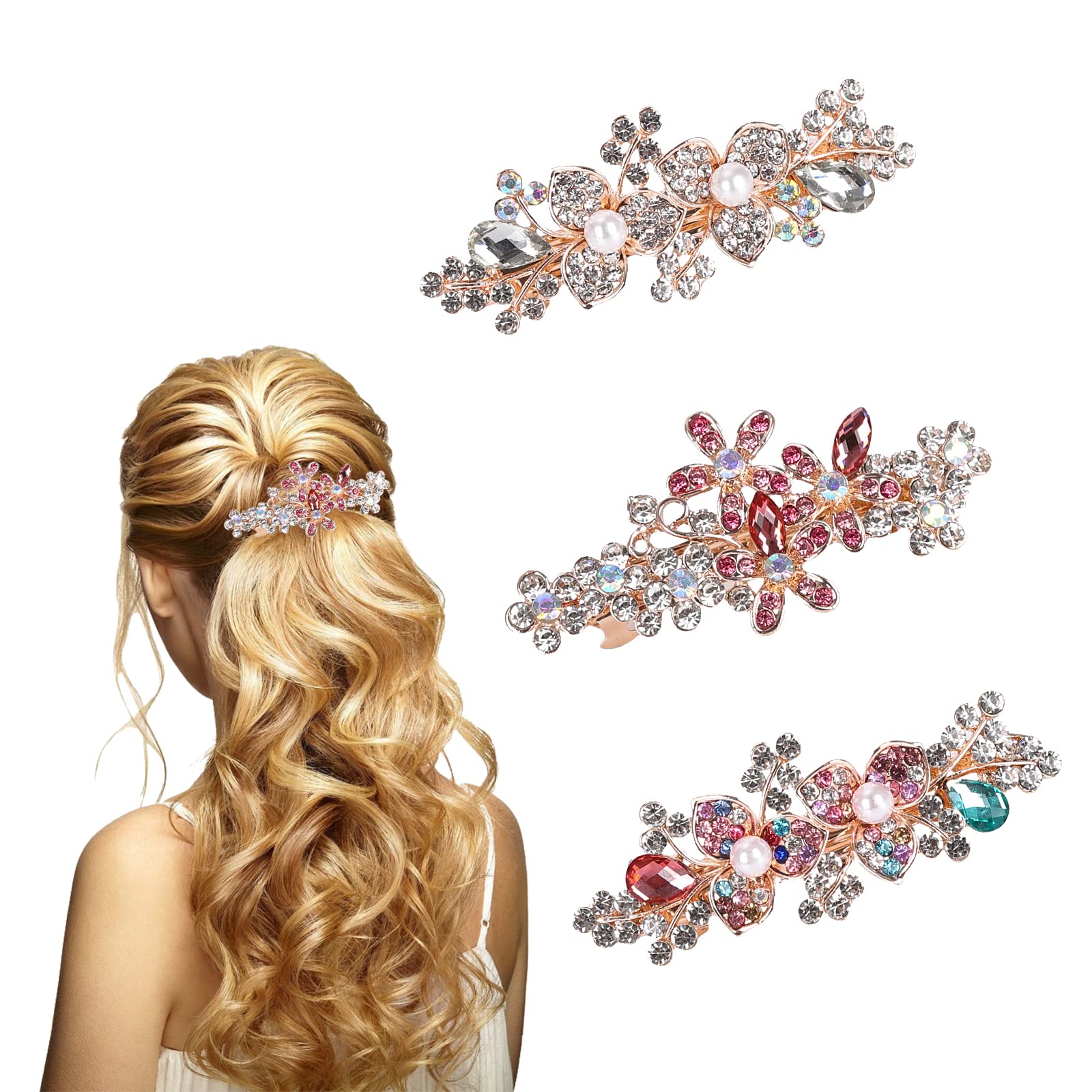 3 Pcs Hair Clips for Women Girls, 2.7 Inches Barrettes, Vintage Bridal Accessory, Crystal Slides Pins, Elegant Fance Flower Pins Rhinestones for Thick Long Hair Wedding Party