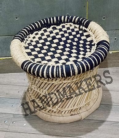 Handmakers Natural Bamboo Rajasthani Bar Stool (13x10 Inch, Black and Beige)