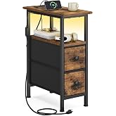 SONGMICS Side Table with LED Light, Narrow End Table with 2 Fabric Drawers | Bedside Nightstand with Charging Station for Small Space, Living Room, Rustic Brown, BELLAH Collection ULGS002K101