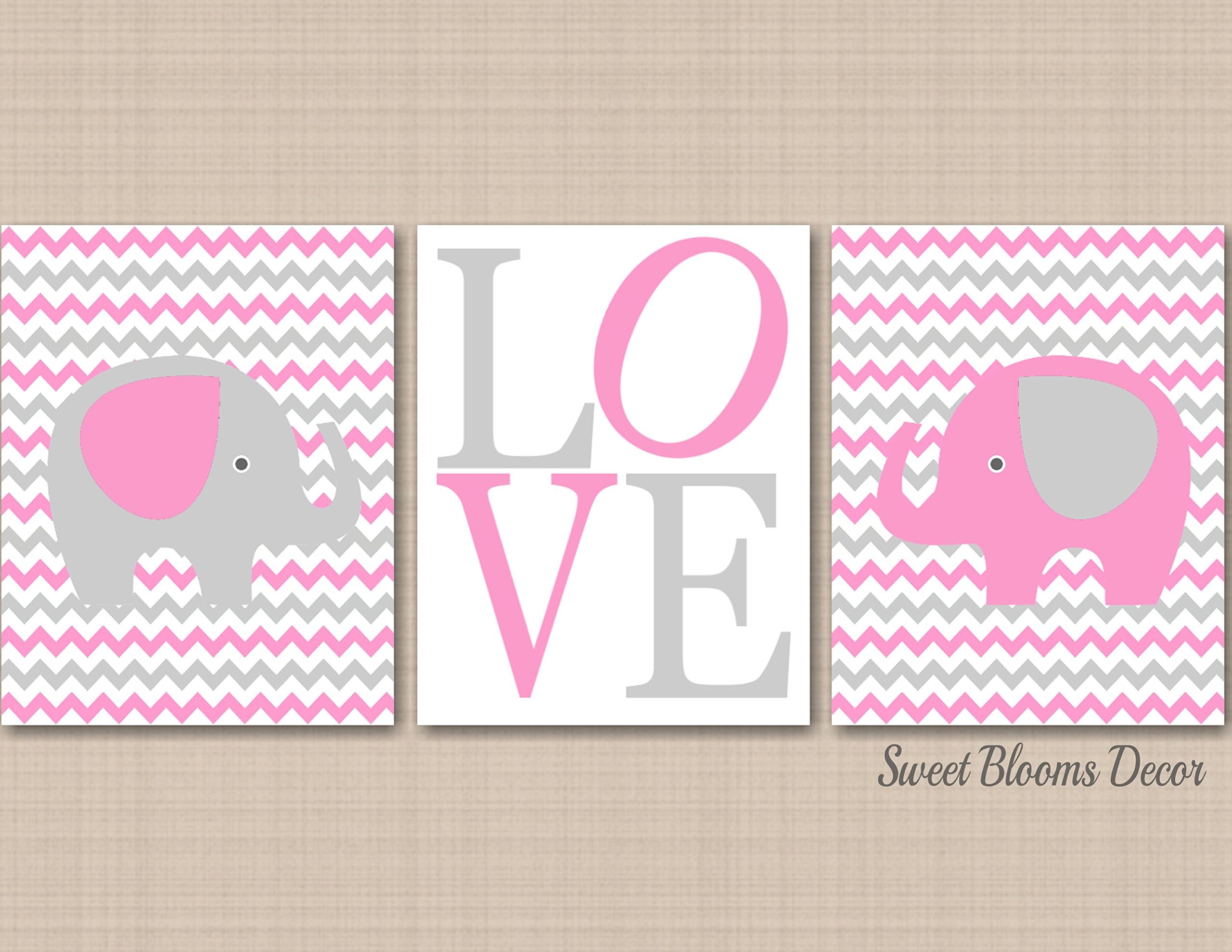 Elephant Nursery Décor,Pink Gray Elephant Nursery Wall Art,Girl Elephant Wall Art,Pink Gray Chevron Nursery Wall Art,Gray Pink Girl Nursery Art-UNFRAMED Set of 3 PRINTS (NOT CANVAS) C497