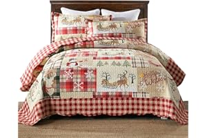 MarCielo 3 Piece Christmas Quilt Set, Rustic Lodge Deer Quilt Bedspread Throw Blanket Lightweight Bedspread Coverlet Comforter Set (Hello Winter, King)