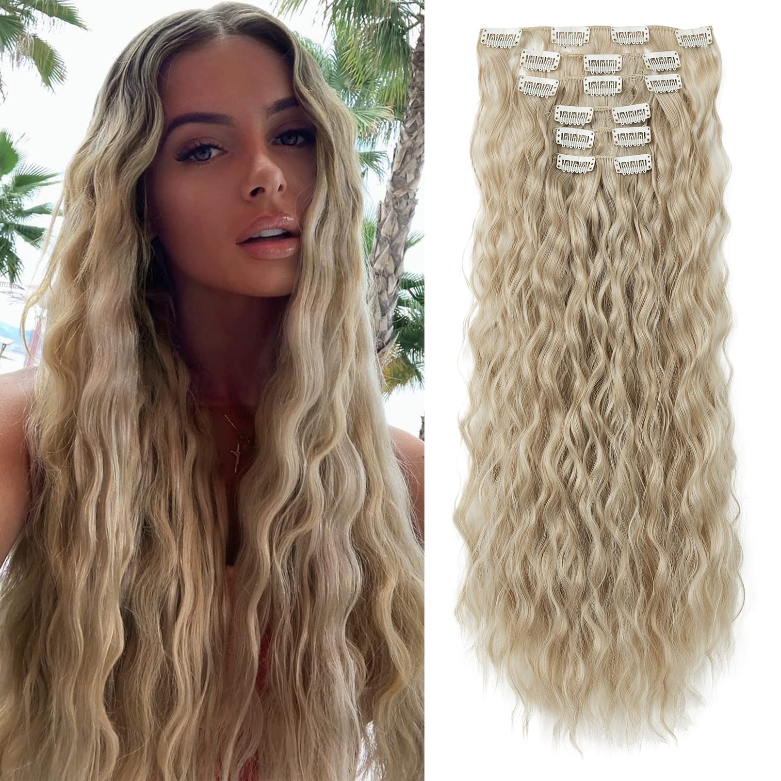 FLUFYMOOZ Clip In Hair Extensions,6PCS Hair Extensions Long Mermaid Waves Wavy Synthetic Clip On Hairpiece For Women 24 Inch (Natural Ash Blonde) — image 1