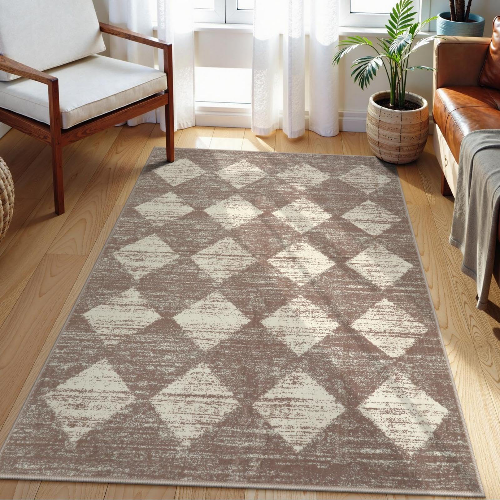 Photo 1 of Lahome Moroccan Treills Area Rug - 3x5 Beige Rugs for Living Room Washable Entry Mat, Checkered Modern Soft Pet Friendly Indoor Accent Carprt for Coffee Table Bedroom Family Dinning Room Playroom