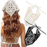 Qulkws 2 Pcs Cute Knitted Crochet Head Scarf, Hollow Crochet Bandanas, Vintage Scarf Headbands, Headbands Hair Accessories for Women, Hair Styling Decor (White, Black)
