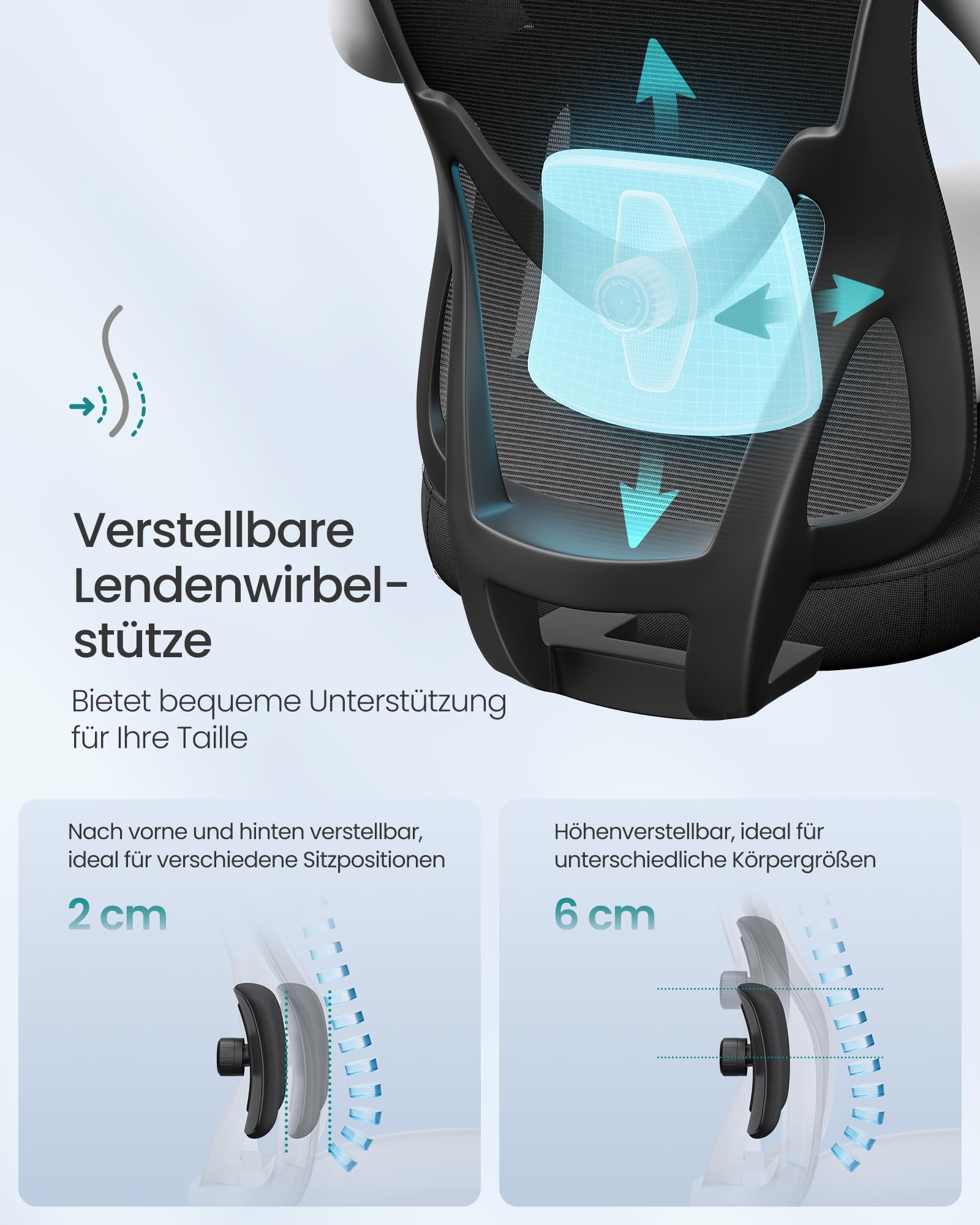 SONGMICS Bürostuhl ergonomisch, Schreibtischstuhl, Computerstuhl, verstellbare Lenden- und Kopfstütze, bis 150 kg belastbar, höhenverstellbar, tintenschwarz OBN066BH01 5