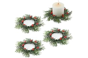 Bacucine 4 PCS Christmas Candle Rings Christmas Decorations Artificial Berries Pine Needles Candle Wreaths for Home Wedding Living Room Table Decoration