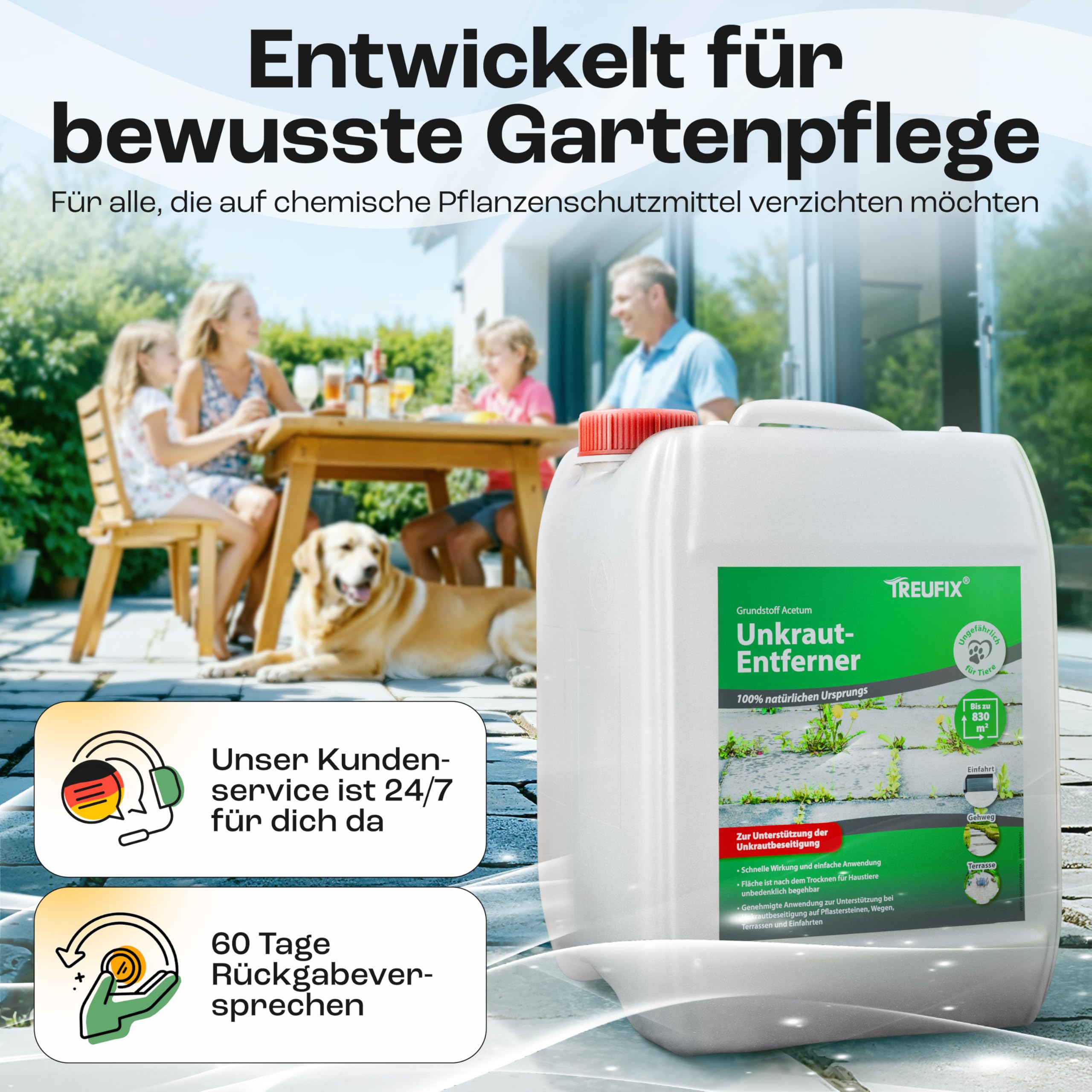Treufix Konzentrat zur Unkrautentfernung Grundstoff Acetum (Essigsäure) Ohne Glypohosat zur Unterstützung bei Unkrautbeseitigung auf Pflastersteine, Gartenwege, Terrasse & Einfahrt 5L - Made in DE 8