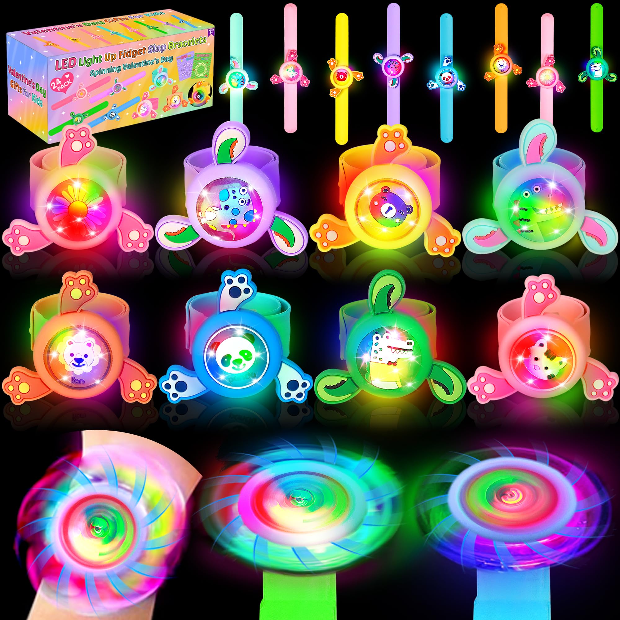 Photo 1 of 24 Pack LED Light Up Fidget Spinner Slap Bracelets Party Favors for 4-8-12 Glow in The Dark Party Supplies,Birthday Gifts, Classroom School Exchange, Goodie Bags Easter Basket Stuffers