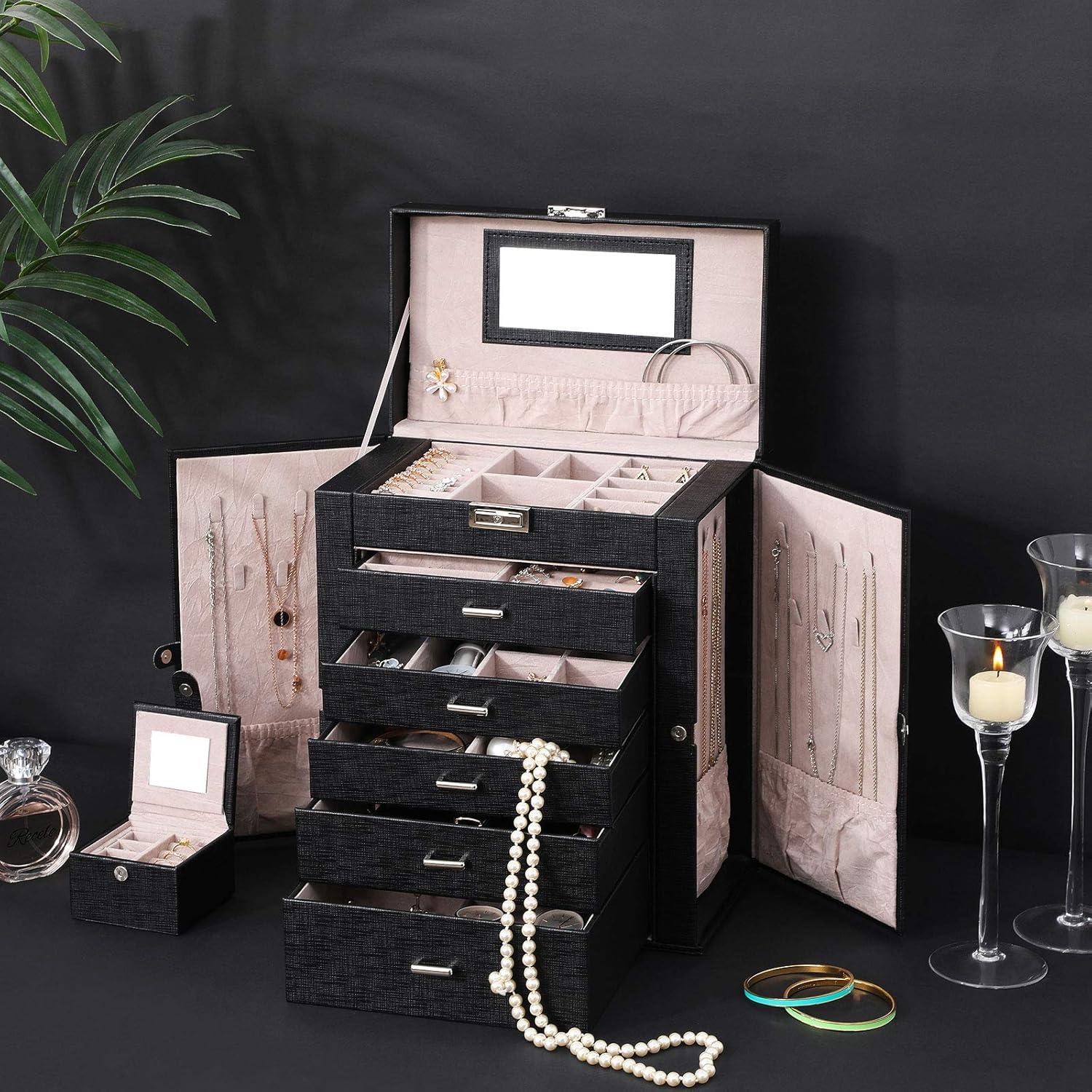 ANWBROAD 6 Tier Huge Jewelry Box Jewelry Organizer Box Display Storage Case Holder with Lock Mirror Girls Jewelry Box for Earrings Rings Necklaces Bracelets Earrings Gift Black Faux Leather UJJB004B: Home & Kitchen