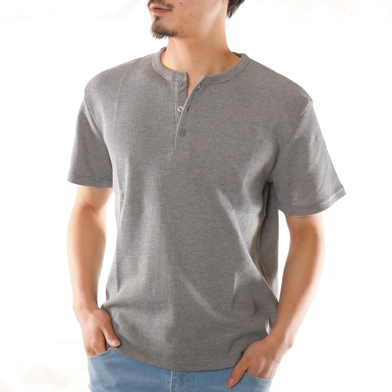 Amazon (スコーネ) SKKONE Tシャツ メンズ 半袖 ヘンリーネック サーマル ワッフル 無地 半袖Tシャツ インナー カットソー トップス 白 黒 グレー 春 夏 お洒落