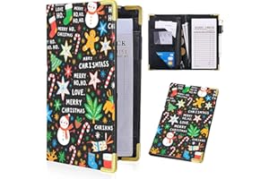 Aihonmin Server Books for Waitress - Brown PU Leather Waiter Book Server Wallet with Zipper Pocket,Christmas Motifs Waitress Book&Waitstaff Organizer with Money Pocket Fit Server Apron 7.9 x 5 Inch