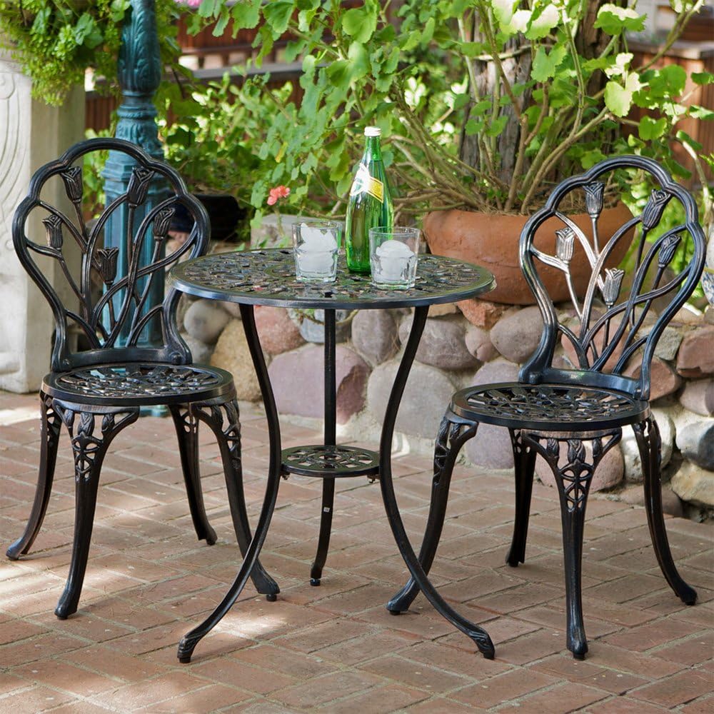 Patio Furniture-Patio Furniture Sets-3-Piece Tulip Design Cast Aluminum Bistro Set in Antique Copper