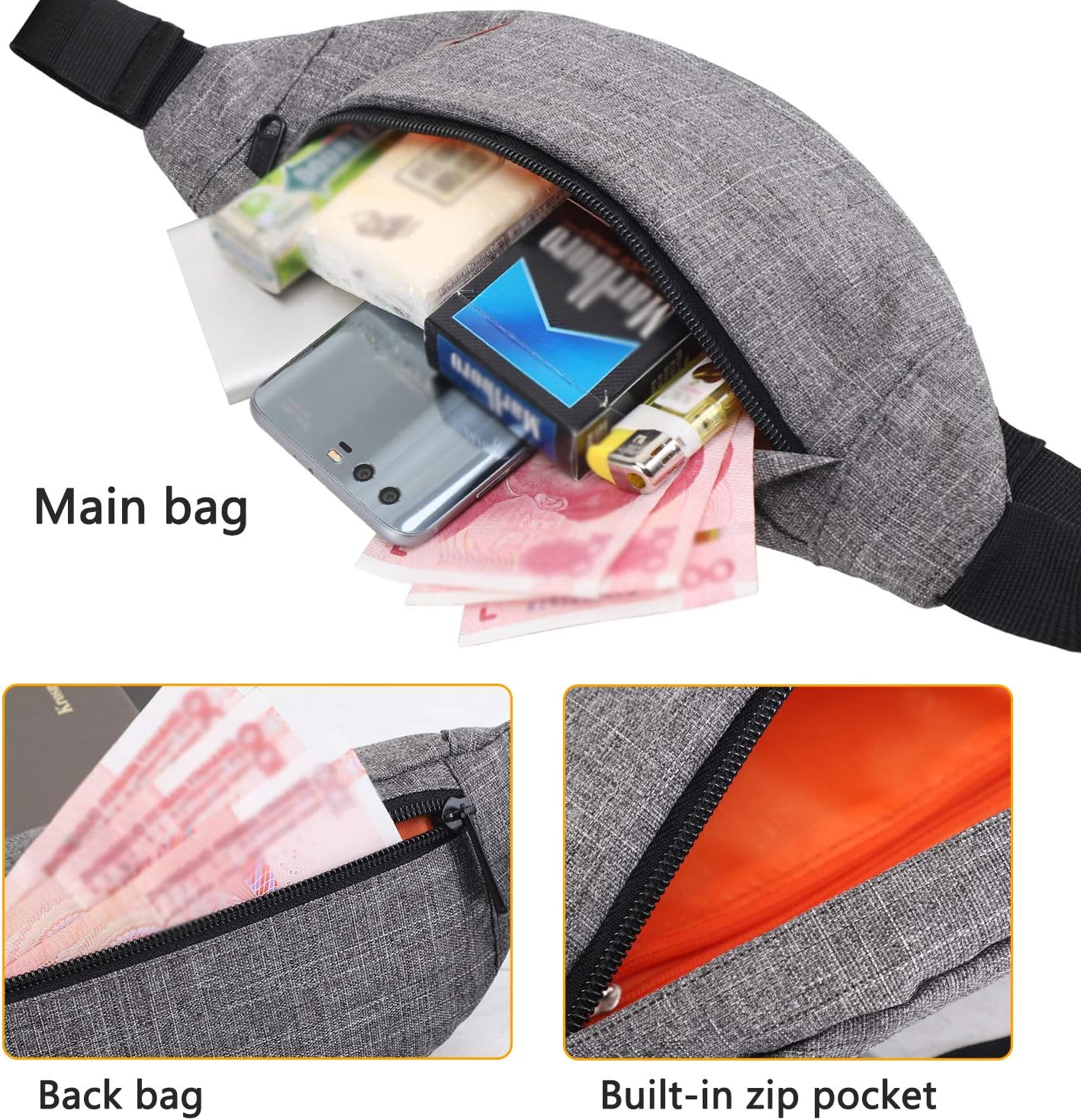 TINYAT Bum Bag Fanny Pack for Women Men Waterproof Waist Belt Bag for Sport Running Hiking Walking Dog Travel Super Lightweight T201,Grey - Image 4