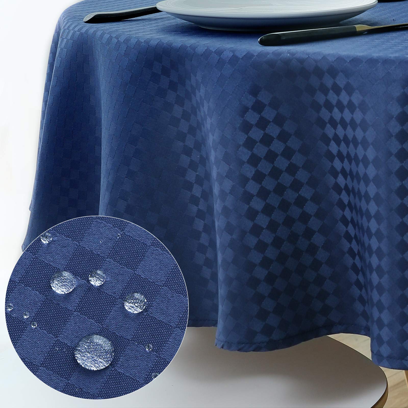 WELTRXE Round Tablecloth Water Resistant Polyester Plaid Table Cloth Dining Table Cover for Home Restaurant Party Buffet Picnic, Navy Blue, Diameter 120cm