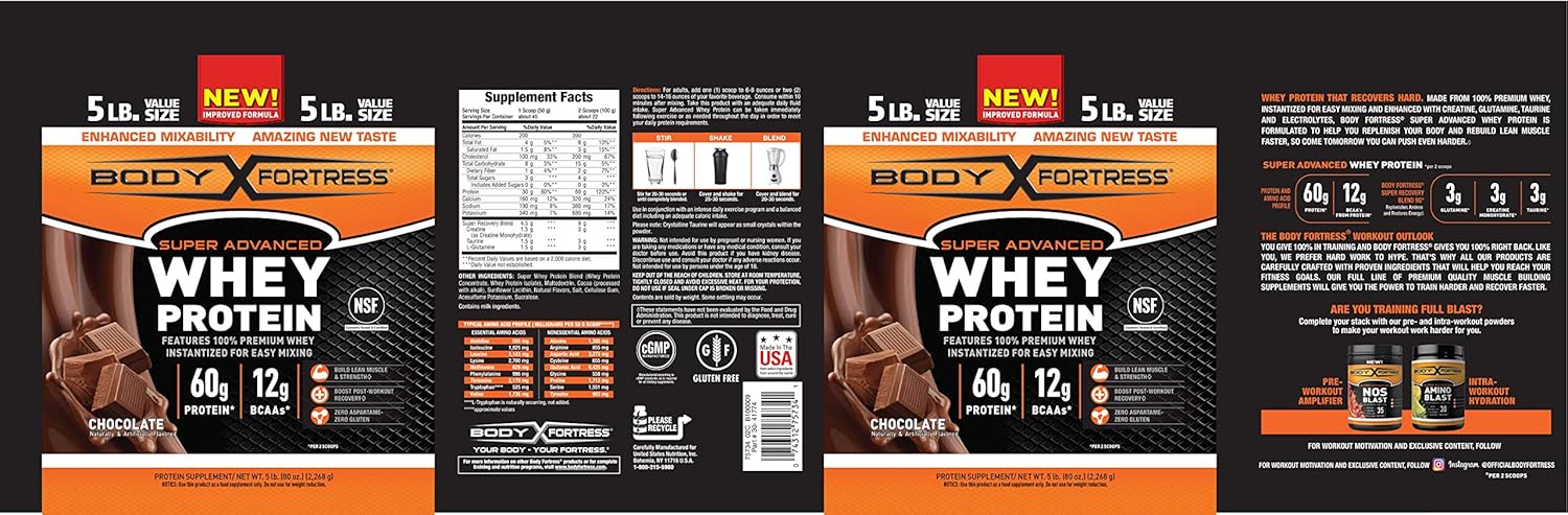 Body Fortress Super Advanced Whey Protein Powder, Gluten Free, Chocolate, 5 Lbs: Health & Personal Care