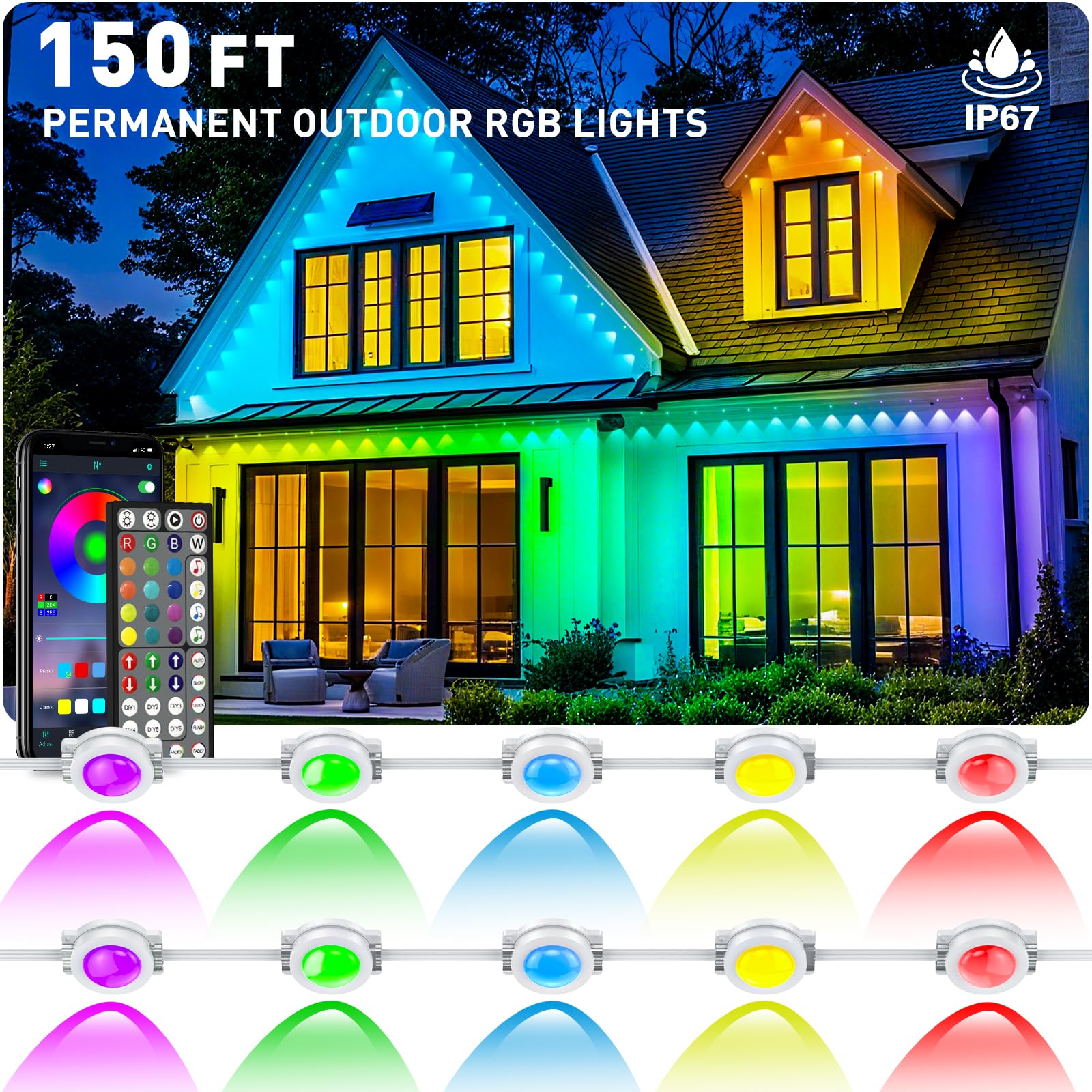 Photo 1 of 150FT Permanent Outdoor RGB Lights - Waterproof Smart LED Eaves Lights with App/Remote Control, Music Sync & DIY Scenes, Perfect for Christmas, Halloween, Parties & Daily Decor, Ideal for House Roof