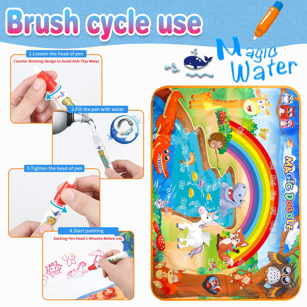 Magic Water Doodle Mat Drawing Mat Multicolor Animal World Theme Toddler Gifts Toys For 2 3 4 Year Old Girls Boys Educational Birthday Gifts Ideal Large Size 39.3 x 27.6 Inch 17pcs Accessories