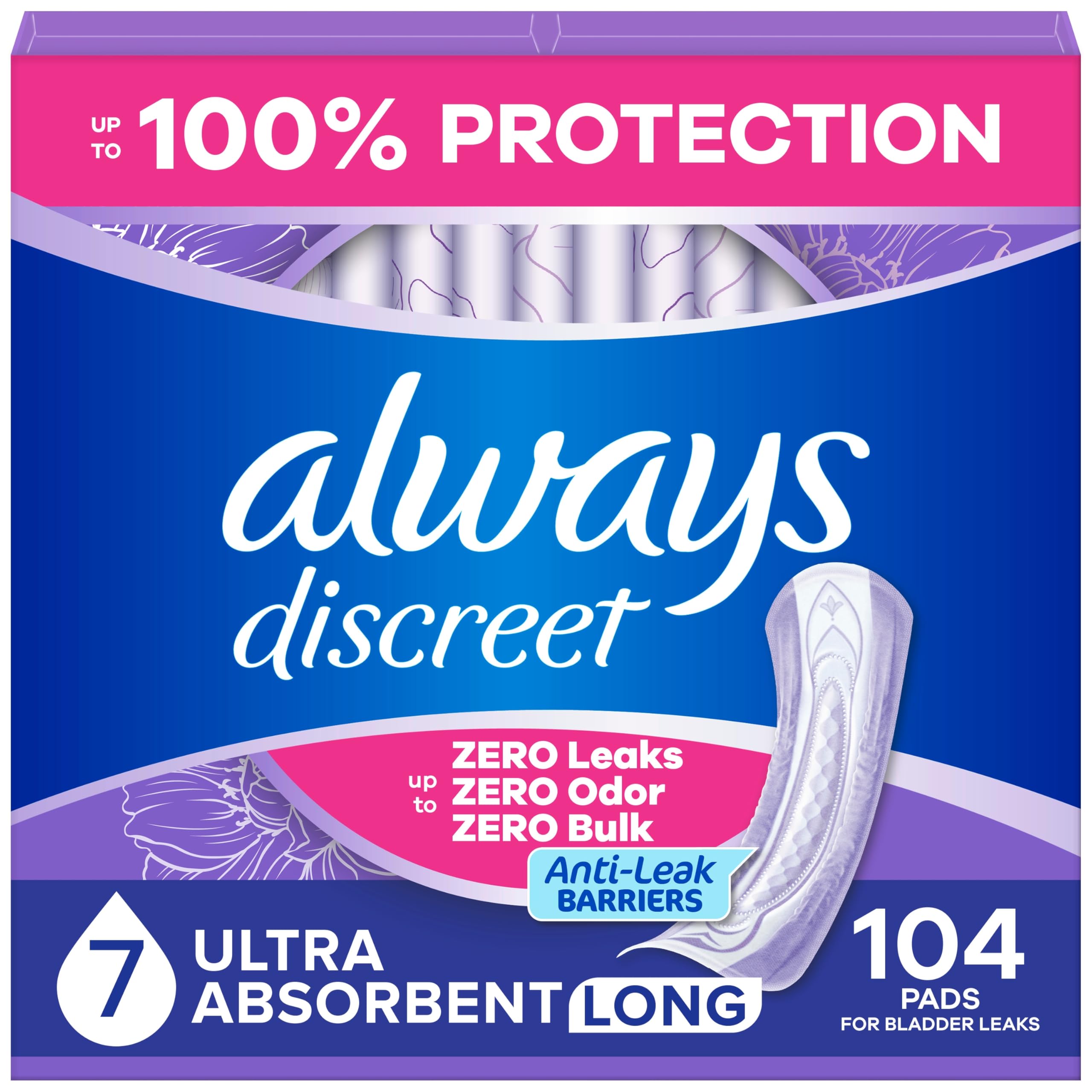 Photo 1 of Always Discreet Adult Incontinence Pads for Women, Drier, 7 Drop Long Length, Ultra Absorbency, Pads for Bladder Control Management, Bladder Leaks, Overnight & Postpartum Pads, 104ct