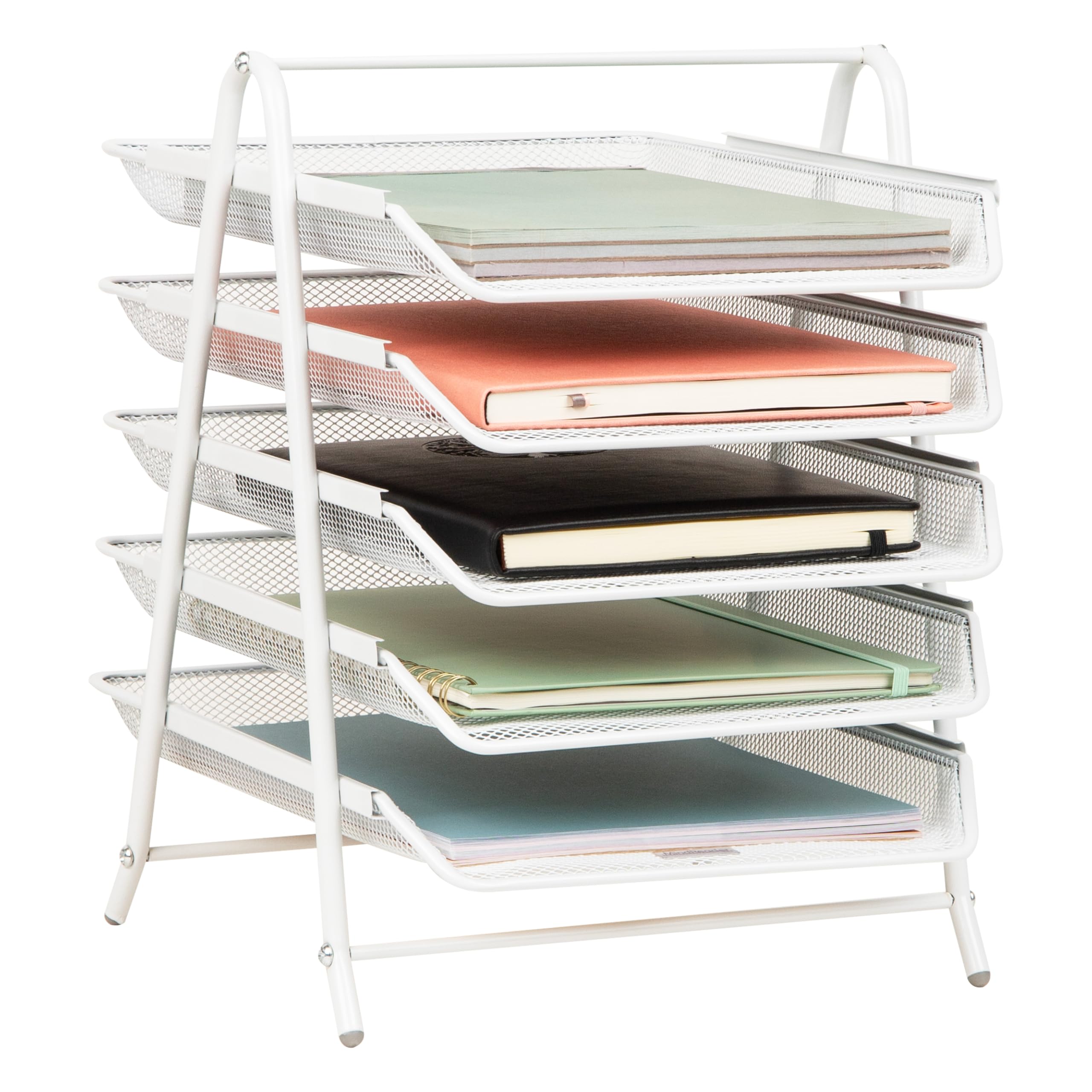 Photo 1 of Mind Reader 5-Tier Paper Tray Organizer, Vertical Desktop File Storage Rack, Office, Metal Mesh, White