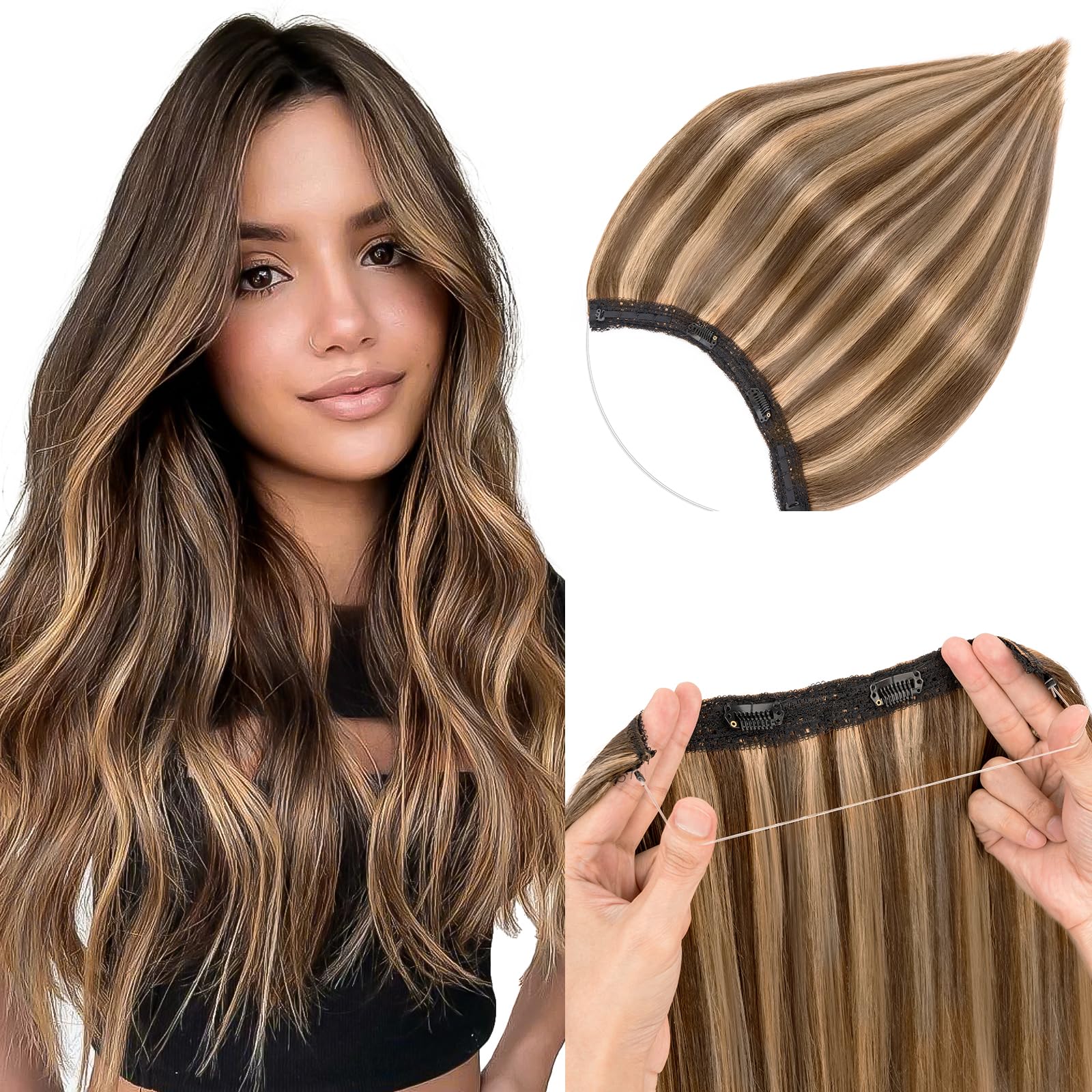 Elailite Hair Extension Real Human Hair One Piece Invisible Secret Wire Clip Headband Extension Straight (#4/27 Medium Brown Mix Dark Blonde, 18 Inch-65 g)