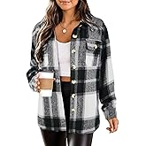 HOTOUCH Womens Flannel Plaid Shacket Jacket Button Down Tartan Trench with Pocket Long Sleeve Cropped Fashion Coat S-XXL