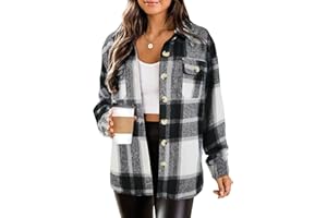 HOTOUCH Womens Flannel Plaid Shacket Jacket Button Down Tartan Trench with Pocket Long Sleeve Cropped Fashion Coat S-XXL
