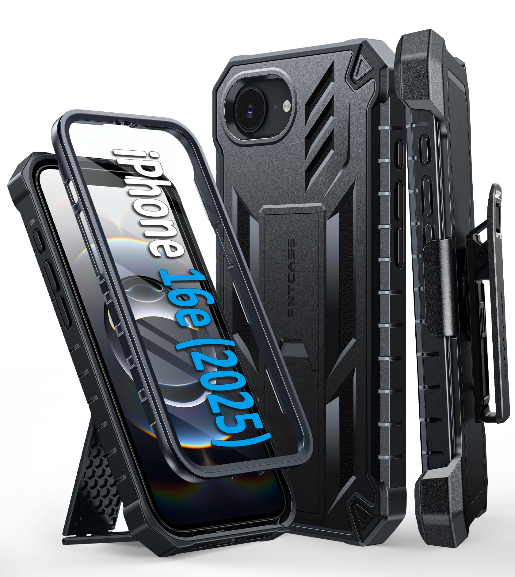 Photo 1 of FNTCASE for iPhone 16e Phone Case: Military Grade [Built-in Screen Protector] [Belt-Clip & Kickstand] Matte Drop Proof Protection Cover | Rugged Shockproof TPU Protective Sturdy Cases 2025 - Black