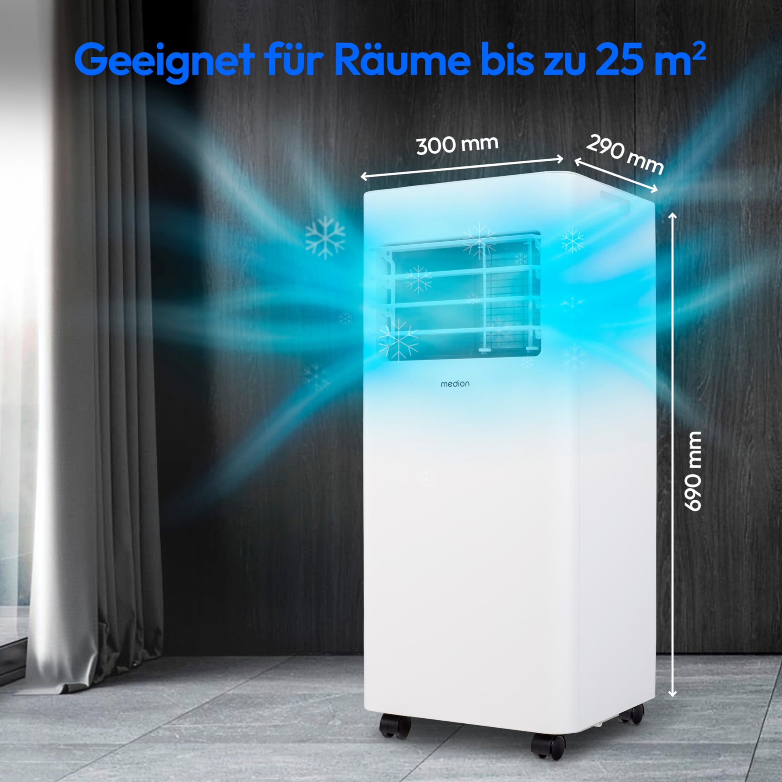 MEDION Mobile Klimaanlage mit Abluftschlauch E701 (7000 BTU, mobil, inkl. Fensterabdichtung, bis 25m², 3in1 Kühlen Entfeuchten Ventilieren, Schlafmodus, MD 37730) 2
