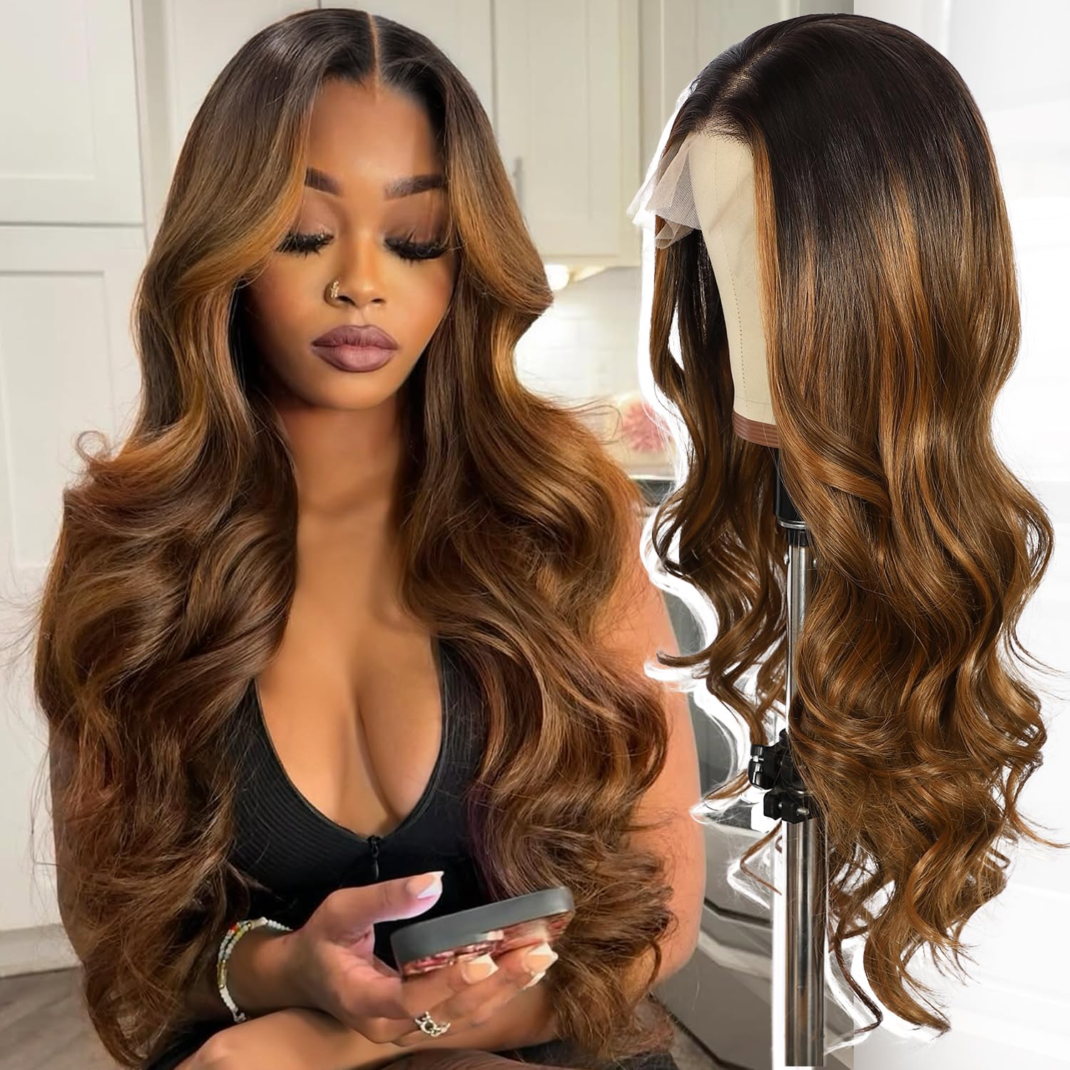 SOMIARIK Long Ombre Brown Wavy Wig for Women 13x4 Middle Part Brown Highlight Lace Front Wigs Natural Looking Synthetic Heat Resistant Fiber Light Brown Curly Halloween Wig for Daily Party Use 26 Inch