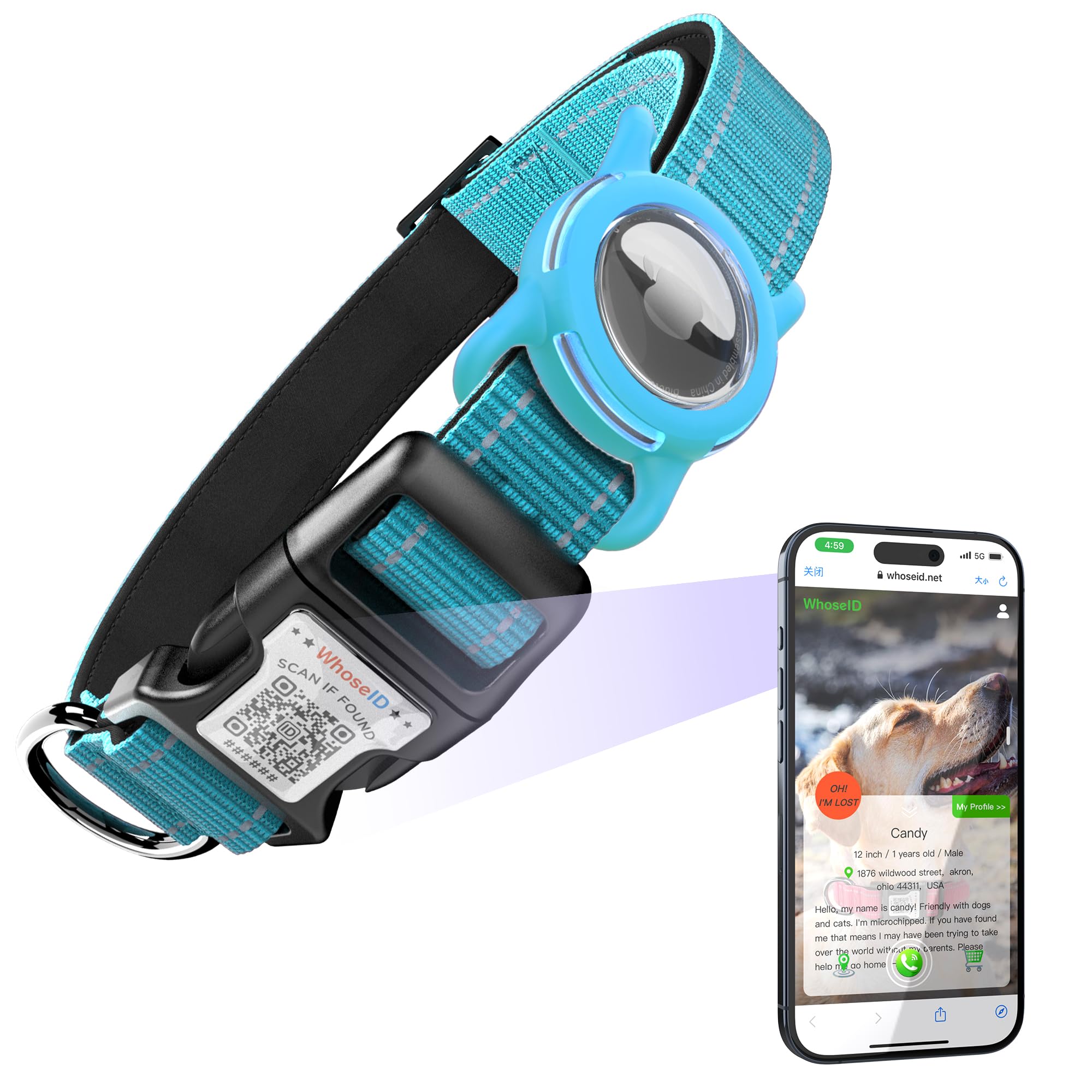 Photo 1 of Dog Collar with QR Code, Reflective Dog Collar, Soft Neoprene Padded & Safety Locking Buckle Adjustable Pet Collar (Blue, M-with Airtag Holder)