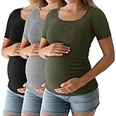 Riyiper 3 Pack Women's Maternity Cotton Ribbed Tops Scoop Neck Short Sleeve Pregnancy T-Shirts Side Ruched Mama Clothes