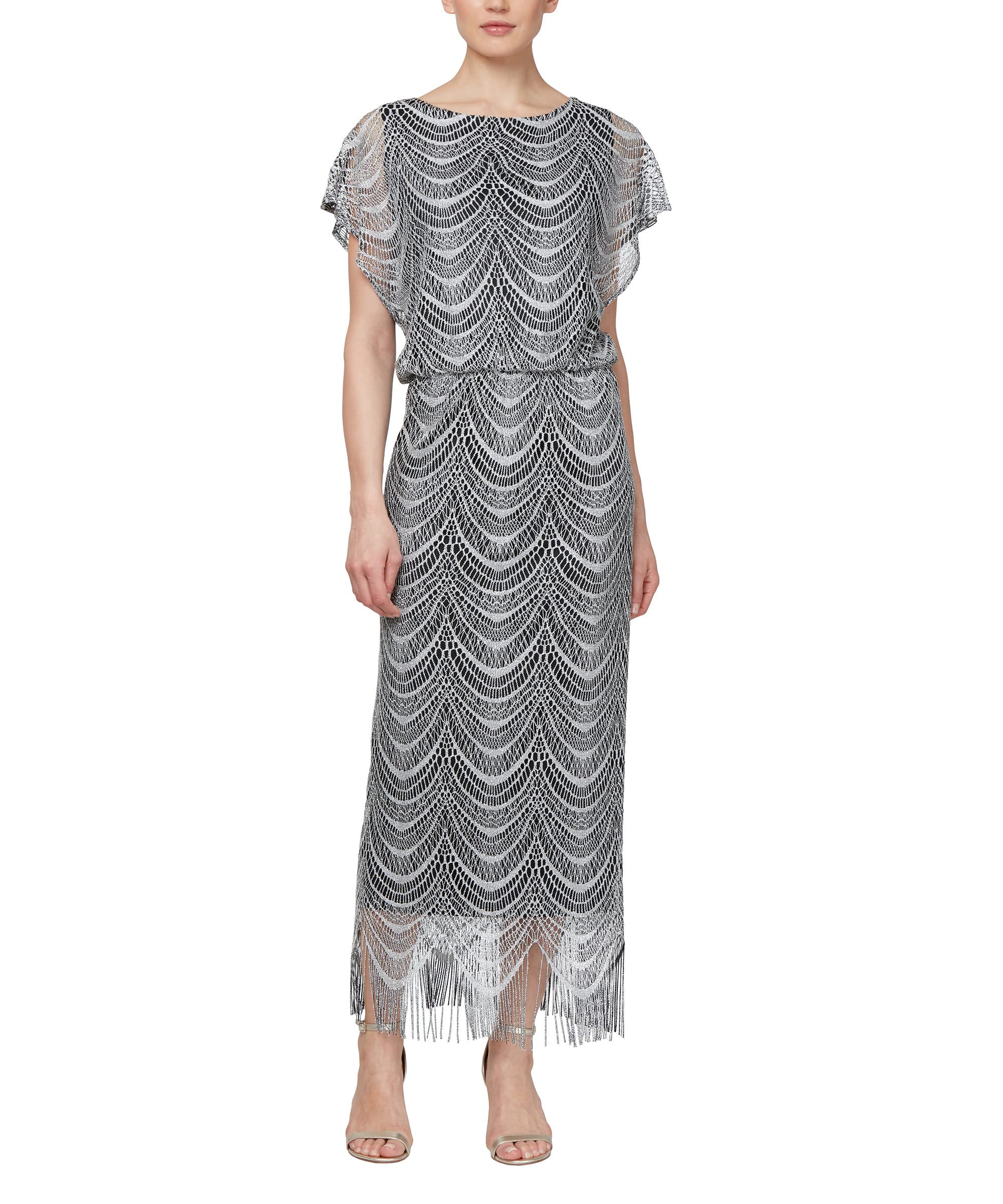 S.L. Fashions Women’s Blouson Metallic Crochet Dress with Fringe Hemline, Silver, 8