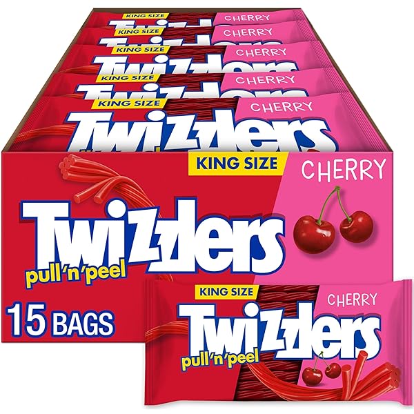 TWIZZLERS PULL ‘N’ PEEL CHERRY FLAVORED KING SIZE, LOW FAT CANDY PACKS, 4.2 OZ (15 COUNT)