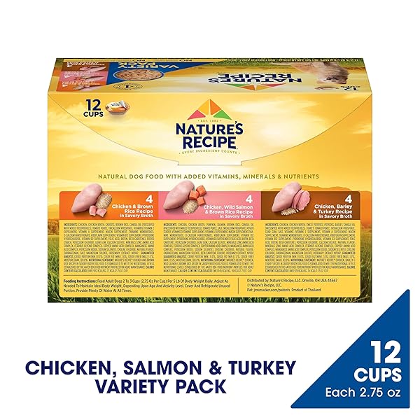 NATURE’S RECIPE CHICKEN, SALMON AND TURKEY RECIPES VARIETY PACK WET DOG FOOD, 12-2.75 OZ. CUPS, 2 COUNT