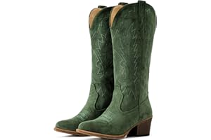 IUV Suede Cowboy Boots For Women Chunky Heel Pointed Toe Cowgirl Boots Mid Calf Western Embroidery fall Boot