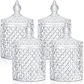Aoriher 4 Pcs Crystal Glass Candy Jar Set with Lids Home Decorative Storage Jars for Apothecary, Bathroom, Kitchen, and Pantry, Ideal for Cotton Swabs and Jewelry(Large,Clear)