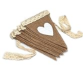 FQTANJU 12Pcs Vintage Heart Jute Burlap Bunting Banner Hessian Flag for Wedding Party Decoration White Lace 2.5m