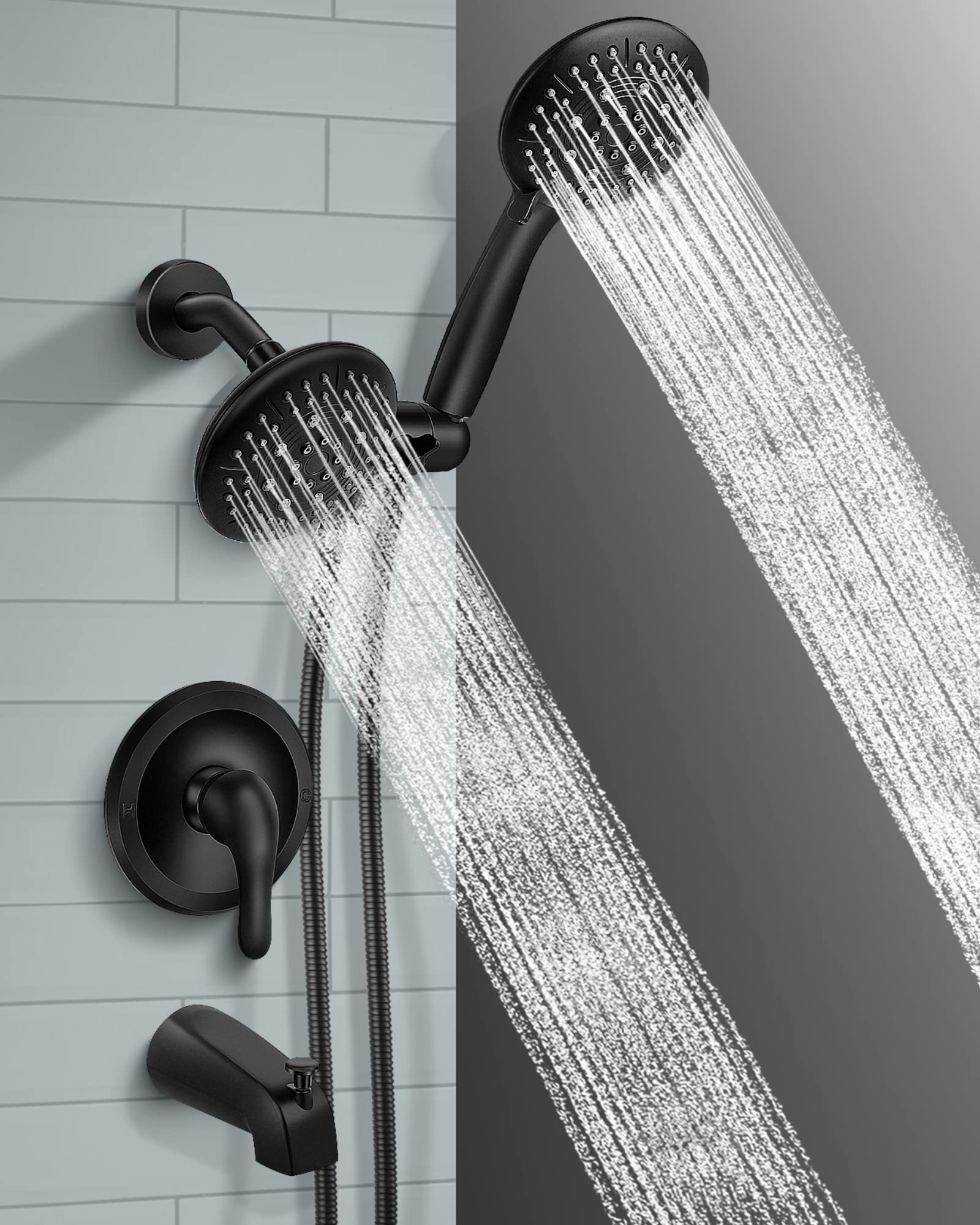 Matte Black Tub Shower Faucet Set – 8in Rain Shower Head, Tub Spout, Mixer Valve – Wall Mount