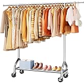 Sakugi Extendable 49.8-74.8" W Stainless Steel Clothes Rack, Silver | Bedroom, Closet, Extendable, 25mm Thick Stainless Steel, Bottom Shoe Shelf, Rolling Wheels, Heavy Duty