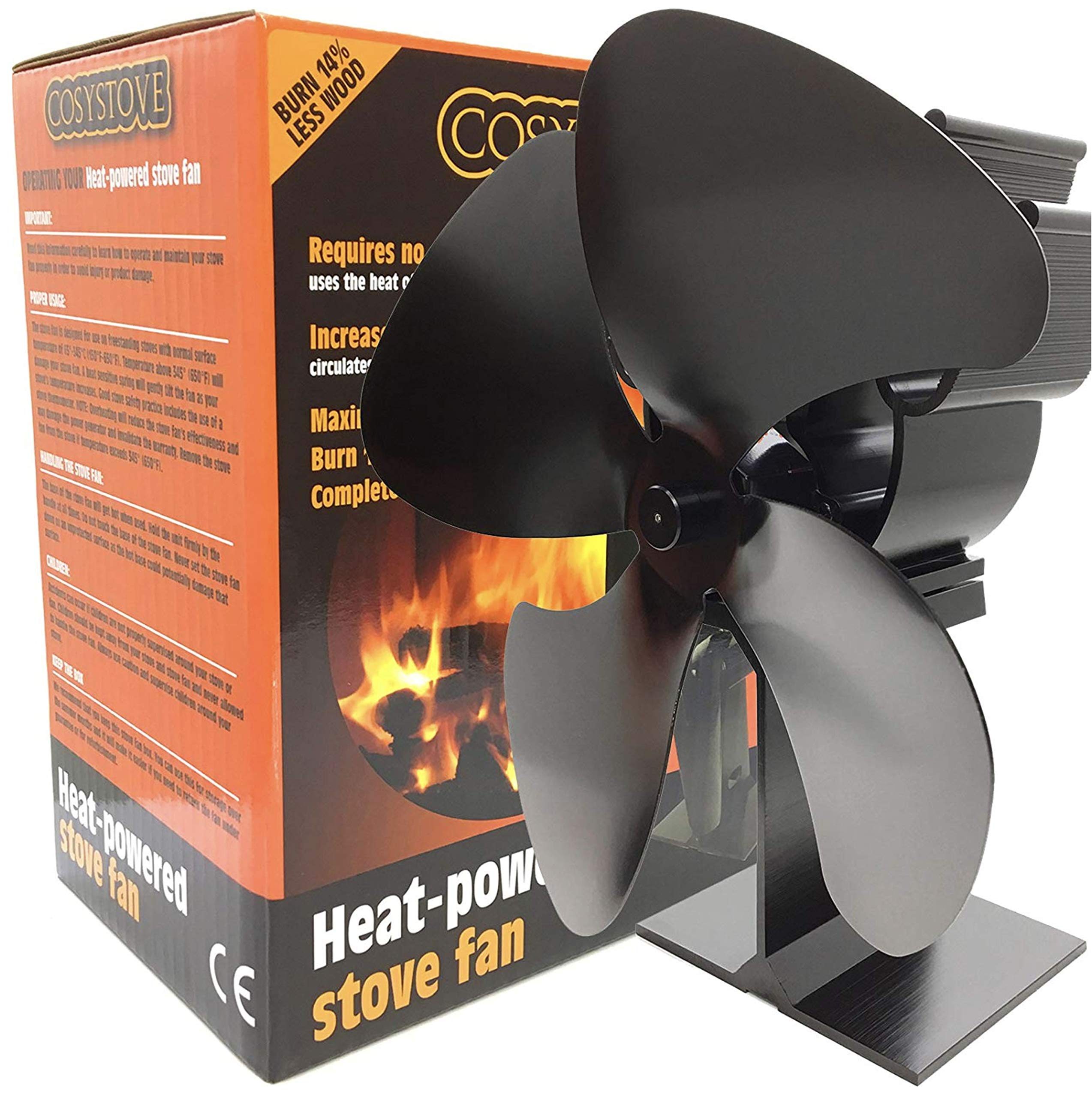 Cosystove 4 Blade Heat Powered Stove Fan - High Efficiency - Silent - Black - Wood Burning Multi Fuel - Batteries Not Required - Eco Friendly - Energy Saving - Lower Bills